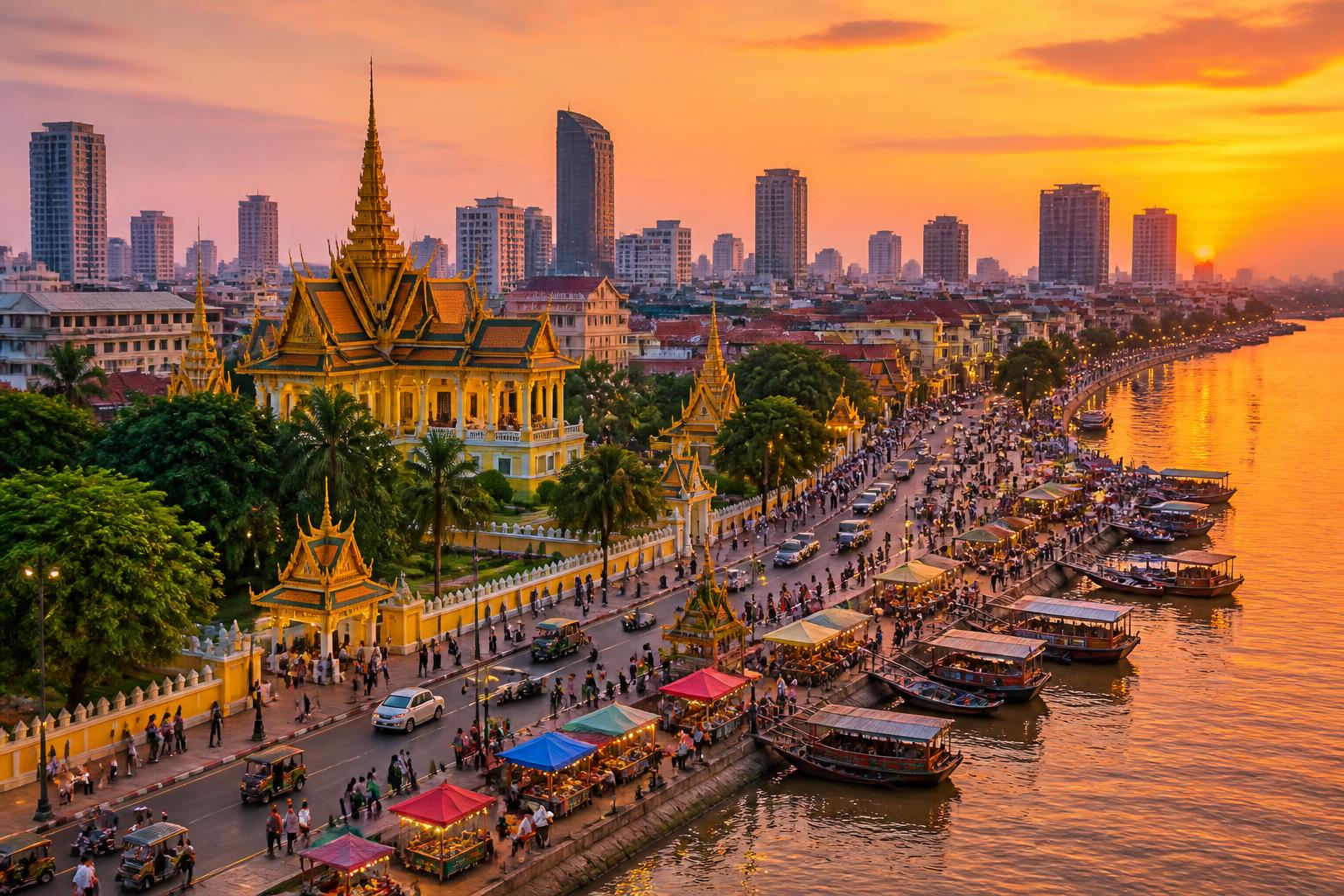 Vista da cidade de Phnom Penh com o Palácio Real dourado, mercado à beira do rio, barcos, prédios modernos e pessoas caminhando ao pôr do sol.