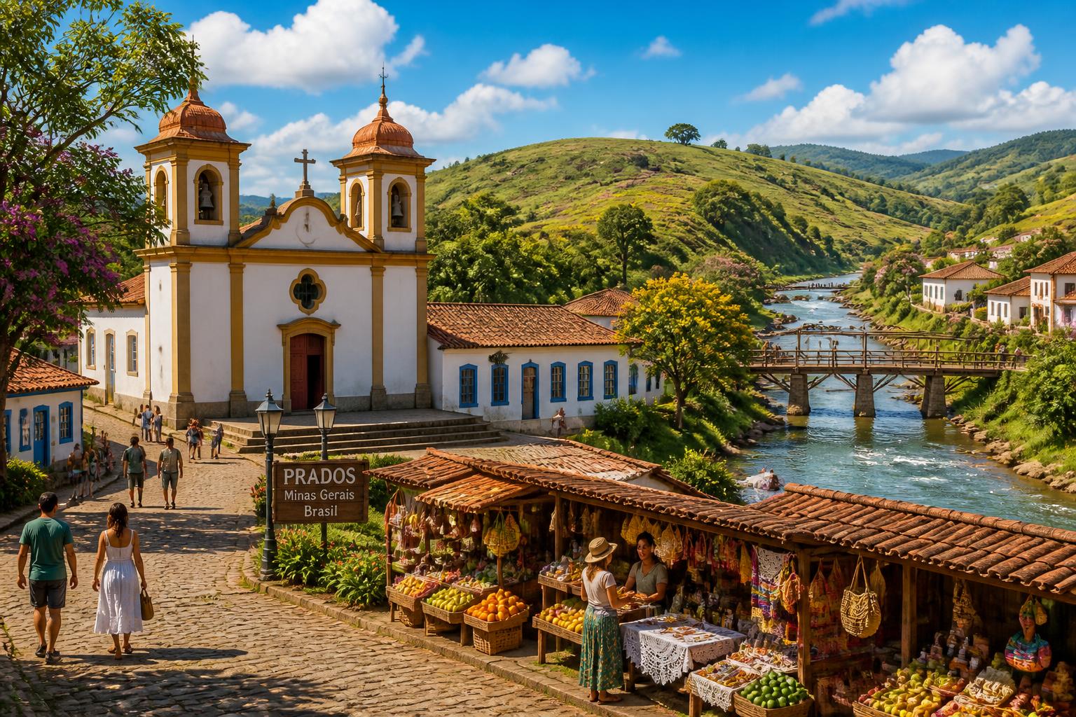 Paisagem de Prados MG com colinas verdes, igreja colonial, mercado local, rio e pessoas caminhando.