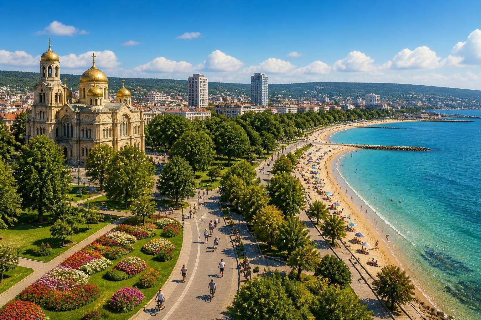 Vista da cidade de Varna com praias, parque verde, a catedral com cúpulas douradas e pessoas aproveitando atividades ao ar livre.