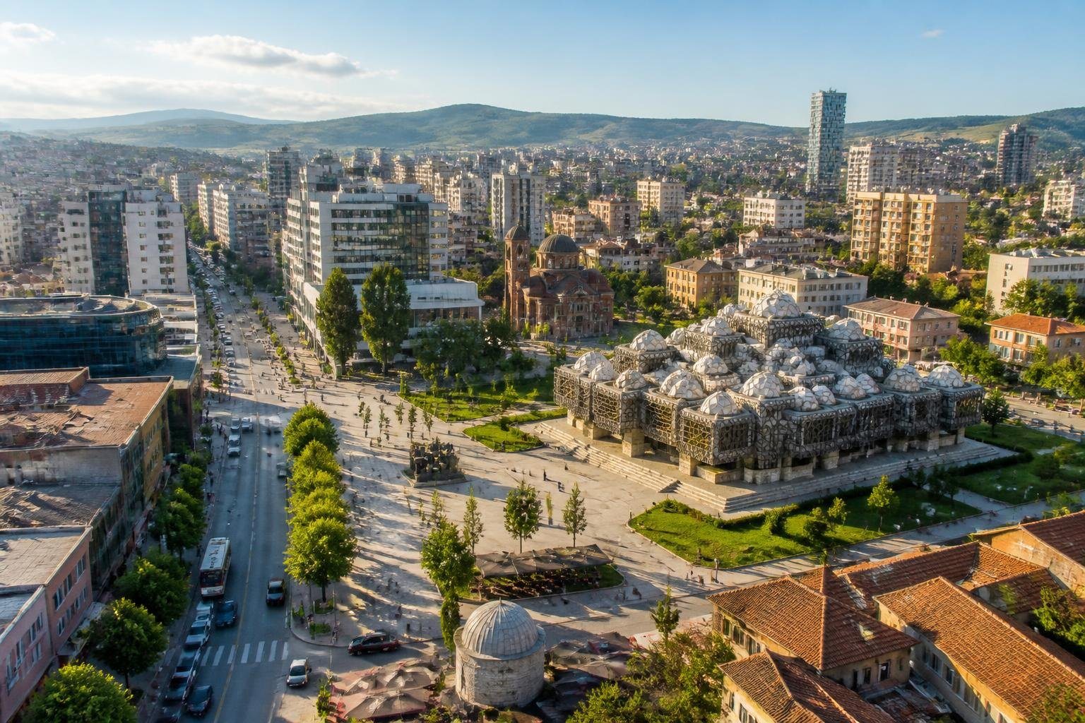 Vista panorâmica da cidade de Pristina com edifícios famosos, ruas movimentadas, árvores e colinas ao fundo sob um céu azul claro.