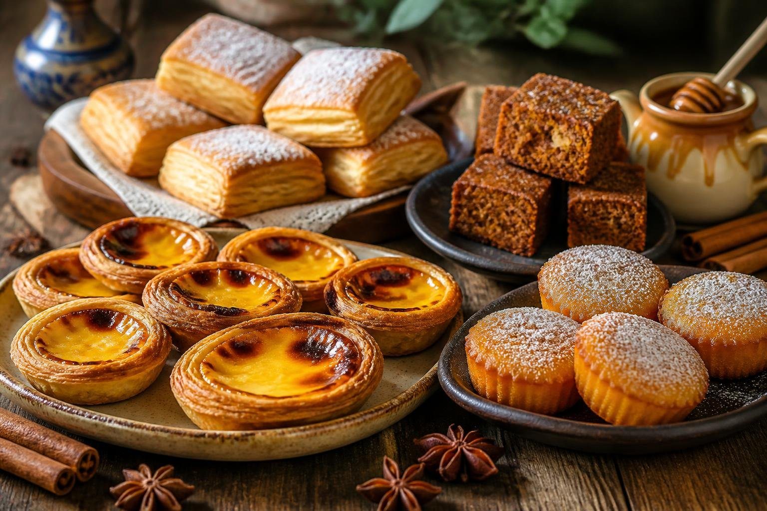 Mesa rústica com uma variedade de doces tradicionais portugueses, incluindo pastéis de nata, queijadas, travesseiros e bolo de mel, decorados com canela e anis estrelado.