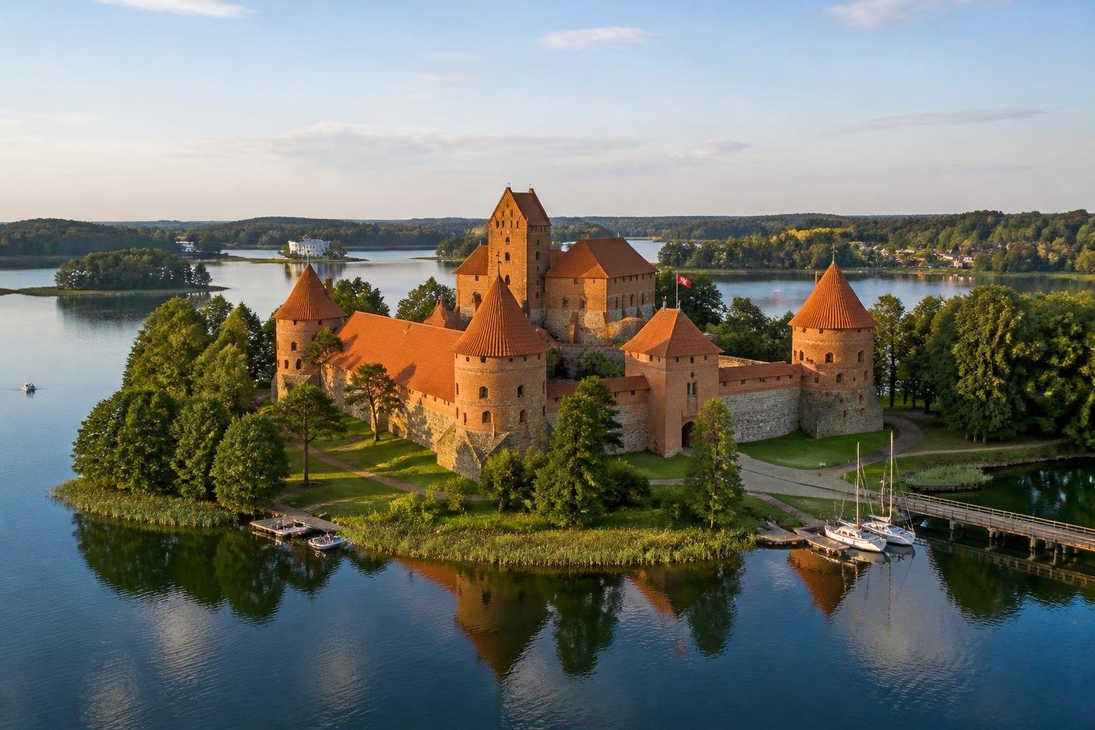 Castelo de Trakai em uma ilha cercada por um lago tranquilo, com árvores verdes ao redor e barcos próximos à margem.