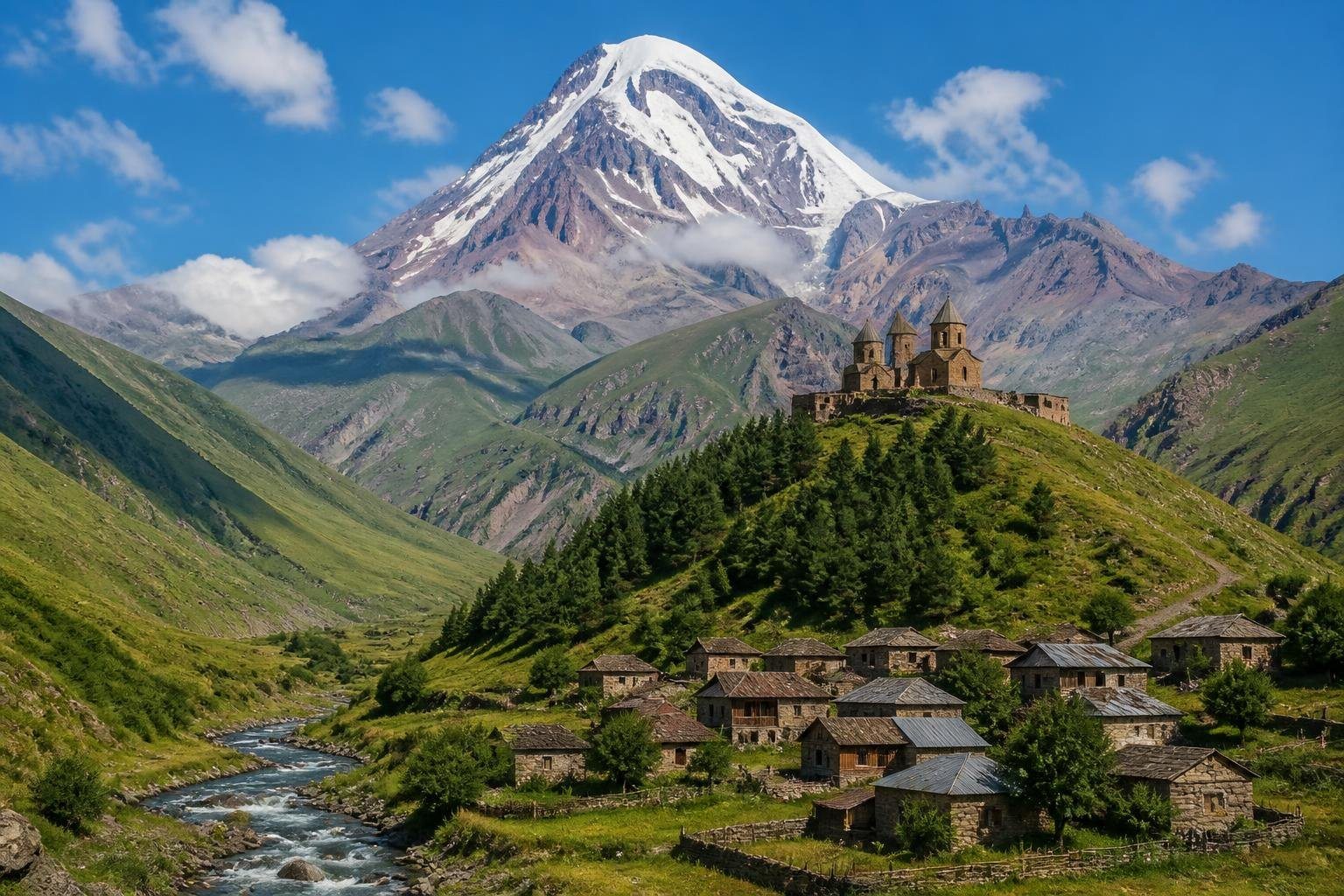 Vista da região de Kazbegi com a montanha Kazbek coberta de neve ao fundo, um vale verde com rios, casas tradicionais e a Igreja da Santíssima Trindade no topo de uma colina.