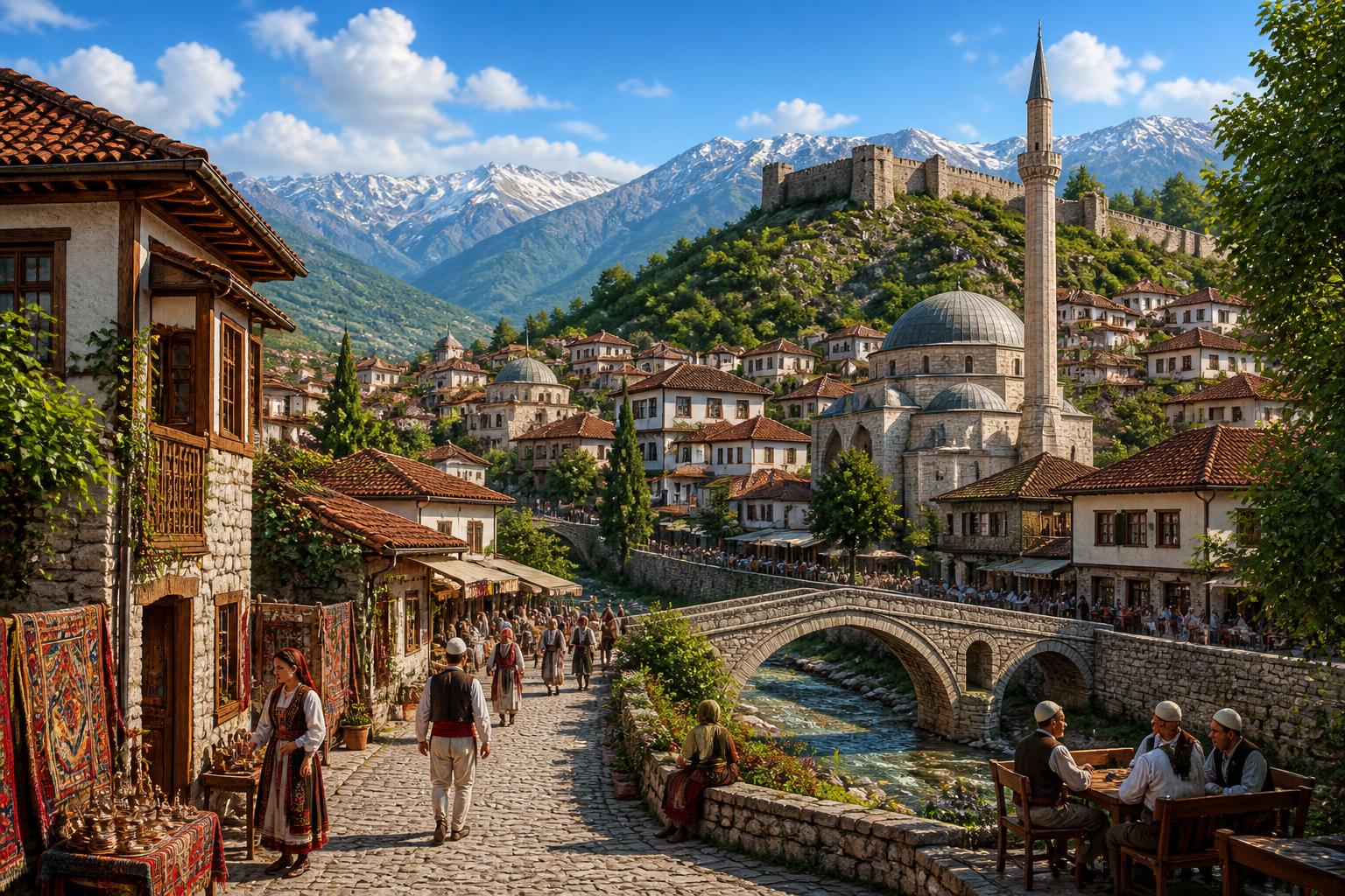 Vista da cidade histórica de Prizren com ruas de pedra, mesquita, fortaleza no morro, pessoas e montanhas ao fundo.